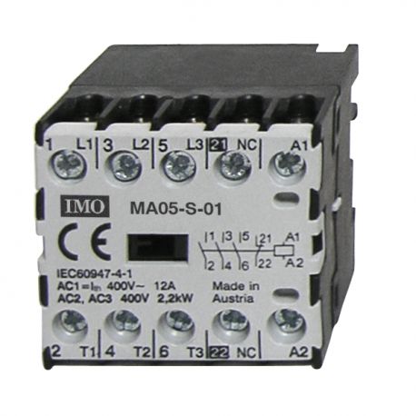 Micro contacteur tripolaire 2.2KW 5A AC3 / 12A AC1 - commande bobine 110VAC - 1NC -MA05 IMO Micro contacteur tripolaire 2.2KW 5A AC3 / 12A AC1 - commande bobine 110VAC - 1NC -MA05 IMO