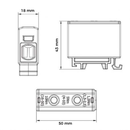 Bloc de jonction alu cuivre bleu (neutre) 1,5 à 50mm² 1000V AC/DC - Rail DIN - MOREK