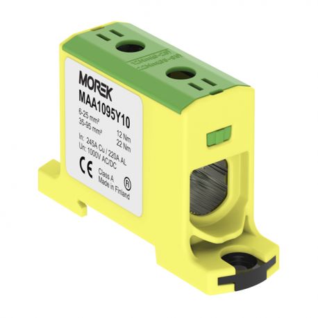 Bloc de jonction alu cuivre vert/jaune (terre) 6 à 95mm² 1000V AC/DC - Rail DIN - MOREK