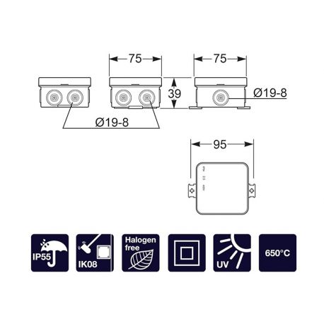 Petite boite de dérivation étanche IP55 75x75x40mm, ABS, 8 entrées souples, MINIBOX