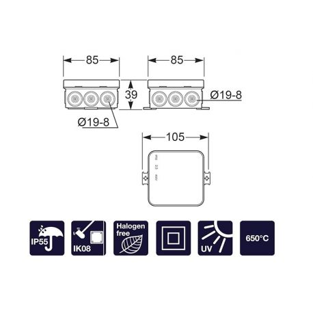 Petite boite de dérivation étanche IP55 85x85x40mm, ABS, 8 entrées souples, MINIBOX