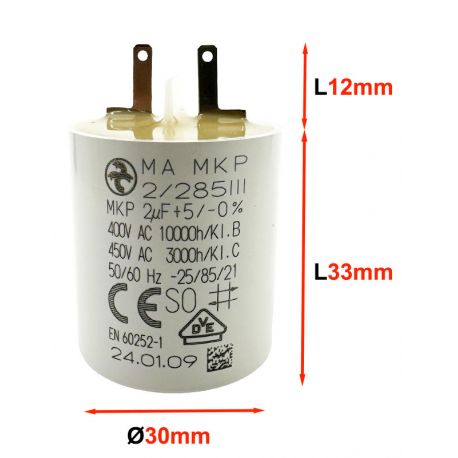 Condensateur 2µF - Ø30x33mm - pour moteur de volet roulant Cosses 2.8 mm - Somfy 5113663A