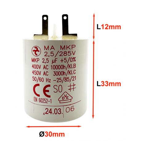 Condensateur 2,5µF - Ø30x33mm - pour moteur de volet roulant Cosses 2.8 mm - Somfy 5113665A