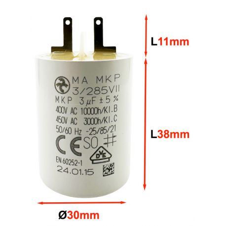 Condensateur 3µF - Ø30x38mm - pour moteur de volet roulant Cosses 2.8 mm - Somfy 5113667A