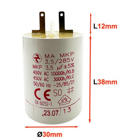 Condensateur 3,5µF - Ø30x38mm - pour moteur de volet roulant Cosses 2.8 mm - Somfy 5113668A