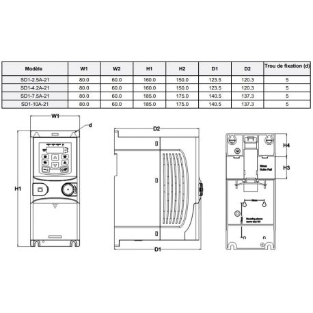 Variateur de vitesse mono/tri 220V 1,5kW 7,5A IP20 - SD1-7.5A-21 IMO
