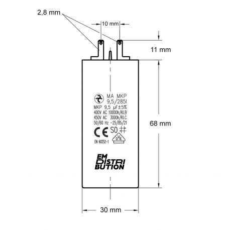 Condensateur 9,5µF - Ø30x68mm - pour moteur de volet roulant Cosses 2.8 mm - Somfy 203619A