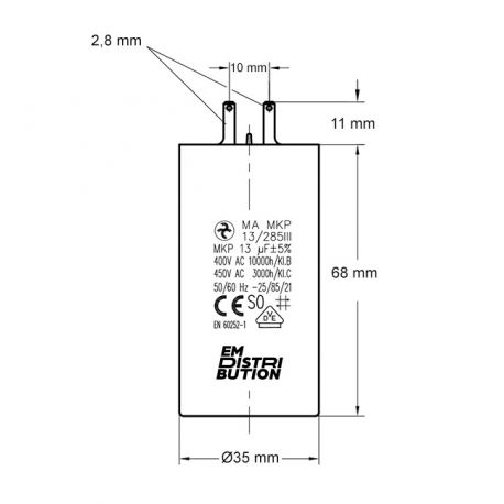 Condensateur 13µF - Ø35x68mm - pour moteur de volet roulant Cosses 2.8 mm - Somfy 203626A