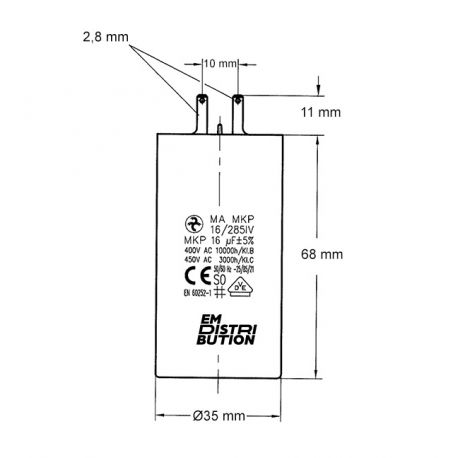 Condensateur 16µF - Ø35x68mm - pour moteur de volet roulant Cosses 2.8 mm - Somfy 203632B