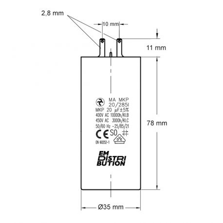 Condensateur 20µF - Ø35x78mm - pour moteur de volet roulant Cosses 2.8 mm - Somfy 203640A