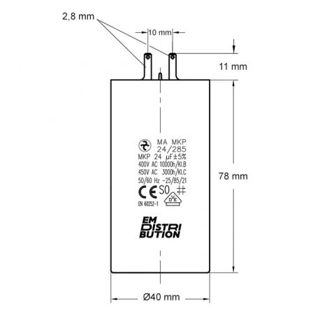 Condensateur 24µF - Ø40x78mm - pour moteur de volet roulant Cosses 2.8 mm - Somfy 203648A