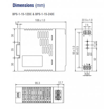 Alimentation 24VDC BPS11524DC, Entrée 90-264VAC, Sortie 15W 0.65A, Montage rail DIN - BPS IMO