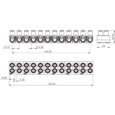 Barrette de connexion 12 plots de 16mm² 80A, domino électrique à vis en laiton - Noir