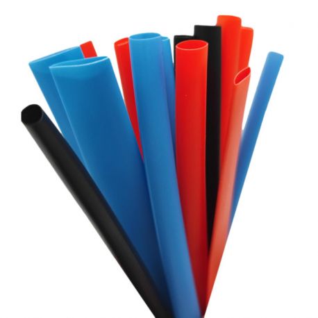 Lot de 18 gaines thermorétractable 8cm bleues, rouges et noires 6xØ3,5mm + 6xØ5mm + 6xØ7mm