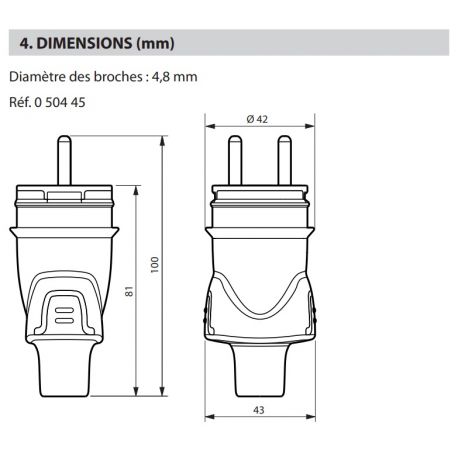 050445 Legrand - Fiche mâle 2P+T 16A en caoutchouc noir - Étanche IP44 - IK08 