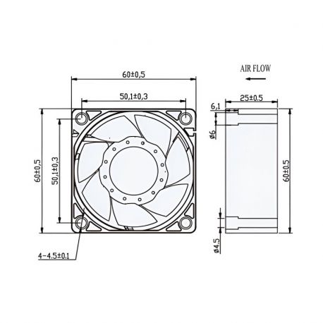 Ventilateur axial carré 12Vdc 60X60X25 - débit d'air 37m3/h - 2.4W