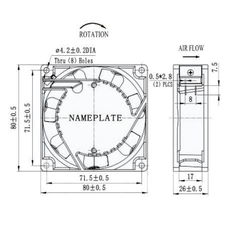 Ventilateur axial carré 230Vac 80X80X25 - débit d'air 36m3/h - 15W