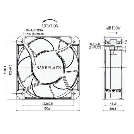 Ventilateuraxial carré 230Vac 150X150X50 - débit d'air 339m3/h - 25W