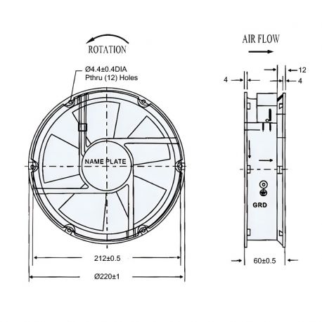 Ventilateur axial 230Vac Ø220x60 - débit d'air 650m3/h - 48W