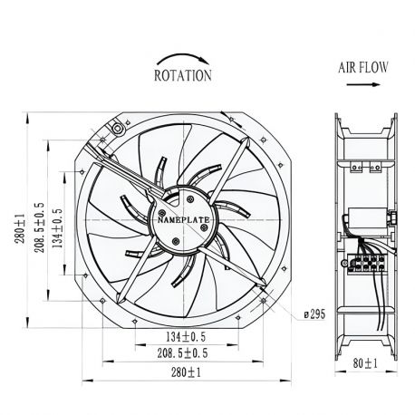 Ventilateur axial 230Vac 280x280x80 - débit d'air 1917m3/h - 135W
