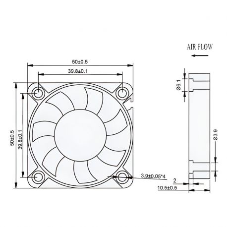 Ventilateur axial carré 24Vdc 50X50X10 - débit d'air 23m3/h - 1.92W