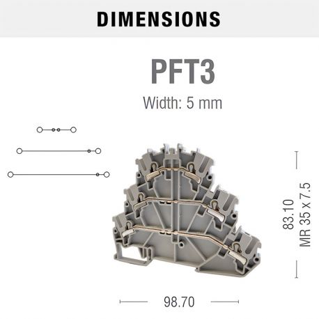 Borne de jonction trois étages à ressort 2,5mm² - pas 5mm - grise - type PushFit - IMO