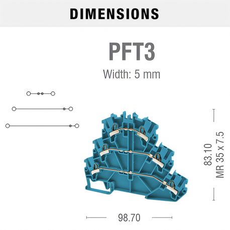 Borne de jonction trois étages à ressort 2,5mm² - pas 5mm - bleue - type PushFit - IMO