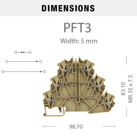 Borne de jonction trois étages à ressort 2,5mm² - pas 5mm - beige - type PushFit - IMO