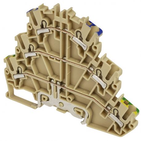 Borne de jonction deux étages + terre à ressort 2,5mm² - pas 5mm - beige - type PushFit - IMO