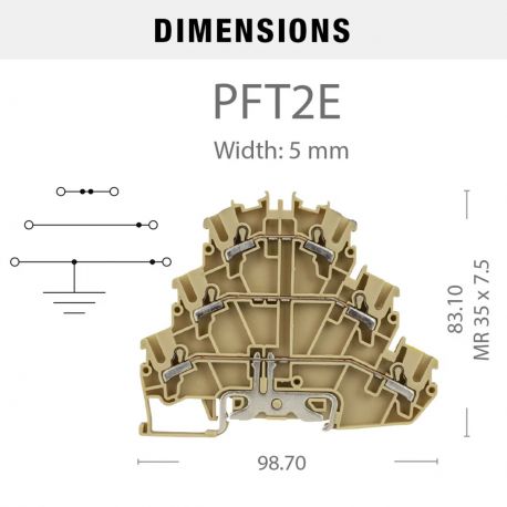 Borne de jonction deux étages + terre à ressort 2,5mm² - pas 5mm - beige - type PushFit - IMO