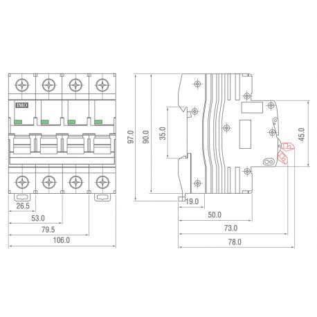 Disjoncteur triphasé + neutre 3P+N - 100A - Pouvoir de coupure 10kA - courbe C - À vis - IMO