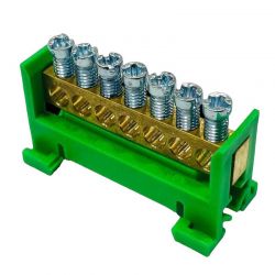 Bornier de terre IP00 vert 7 bornes pour câble de 1,5 à 16mm² - rail DIN - MOREK