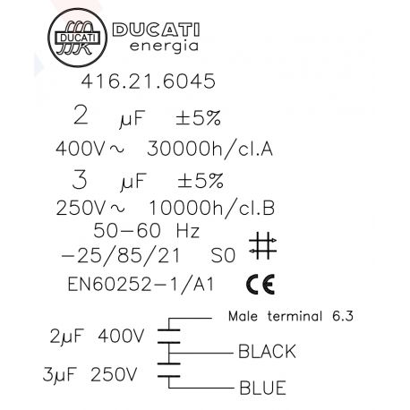 416216045 Condensateur à double capacité 2+3µF 400V~ 30000h/cl.A - Ø30x70mm - Fond Plat