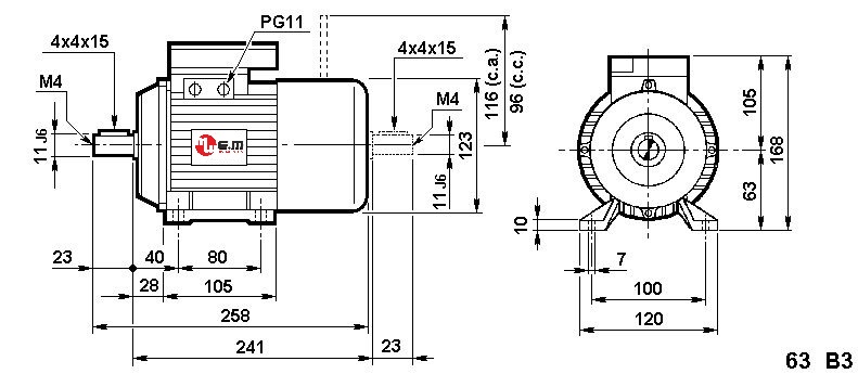 Dimensions moteur monophasé avec frein HA63