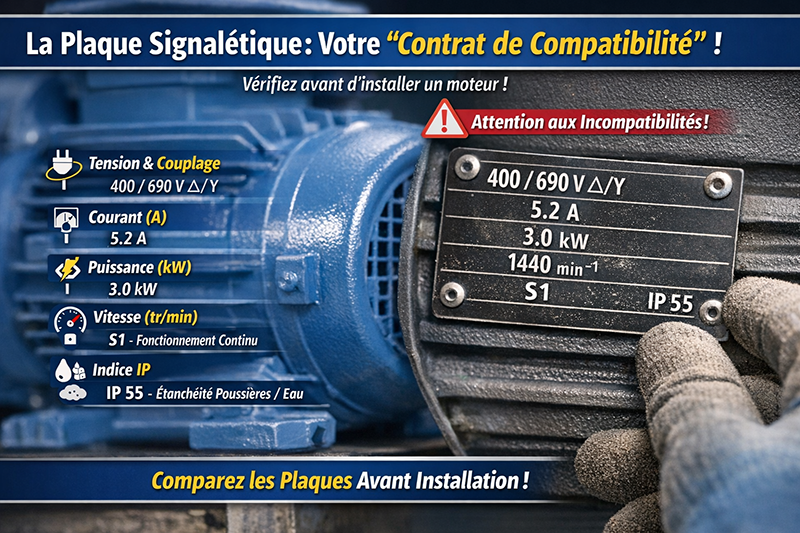 Vue d'ensemble d'un moteur triphasé en aluminium avec infographie de ses avantages : légèreté, étanchéité IP, dissipation thermique et vérification de la plaque signalétique.