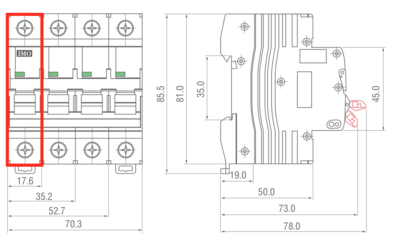 dimensions disjoncteur modulaire unipolaire+neutre 10kA