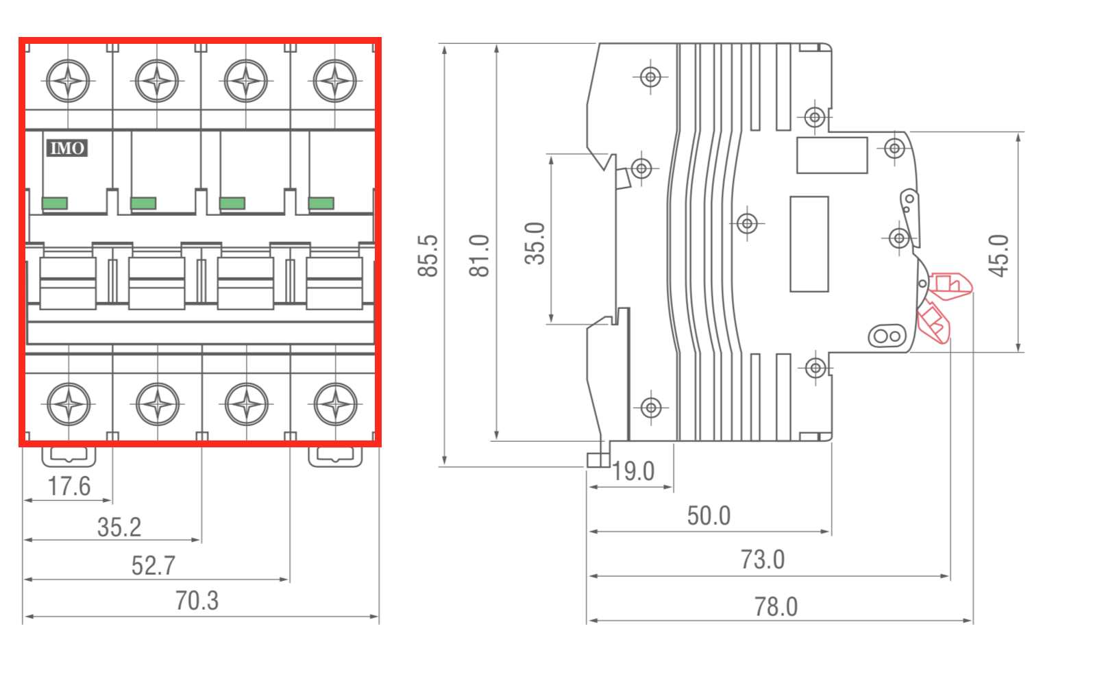 dimensions disjoncteur modulaire 3 pôles + neutre 10kA