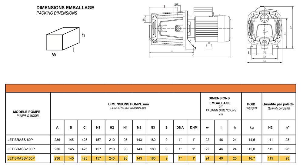 Dimensions pompe JET BRASS 150P